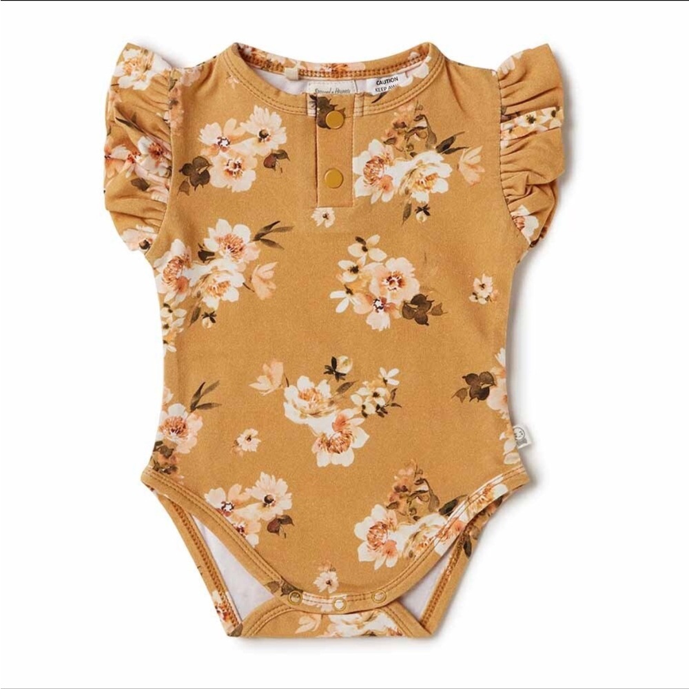 EUC Snuggle Hunny AUS  “Golden Flower” Flutter Sleeve Onesie (Size 3-6mo US)